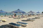 Sandy beach with sunbeds and umbrellas
